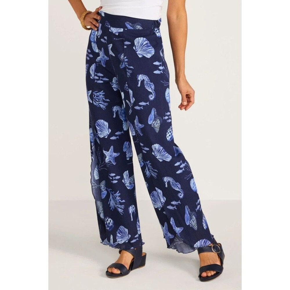 Soft Surroundings Oceo Crinkle Gauze Wide Leg Pants XL SeaShell Boho Nautical